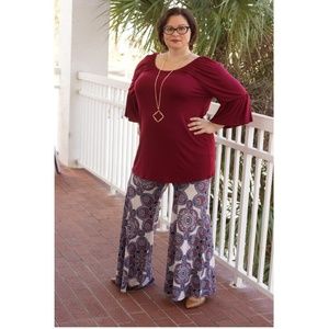 Plus Size Burgundy Bell Sleeve Tunic